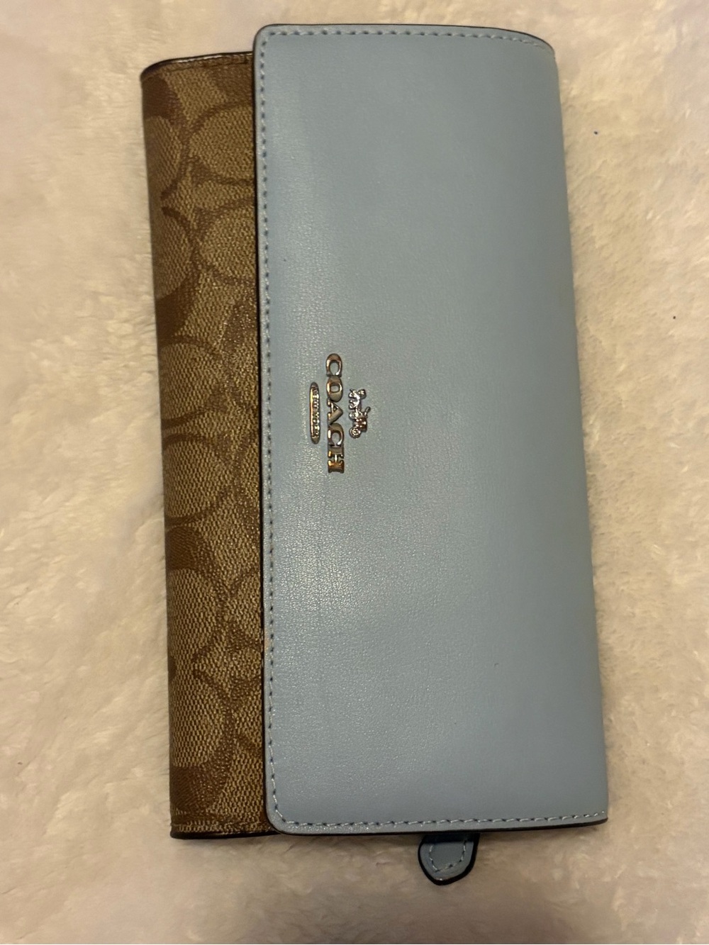 Coach Two-Tone Trifold Signature Canvas and Light Blue Leather Key/Card Holder
